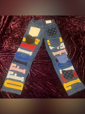 BoohooMAN Official Embroidered Jeans Blue Patchwork with Multicolor Lettering